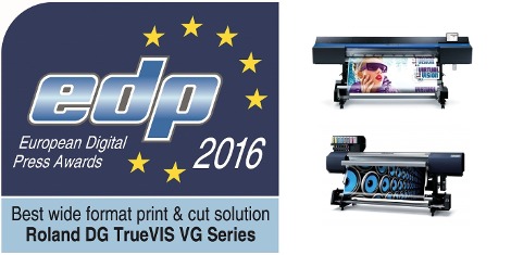 Jerry Davies (President EMEA for Roland DG) accepted the award for ‘Best wide format print & cut solution’ for the TrueVIS VG-640 and VG-540 and ‘Best wide format roll to roll printer up to 170 cm’ for the SOLJET EJ-640.