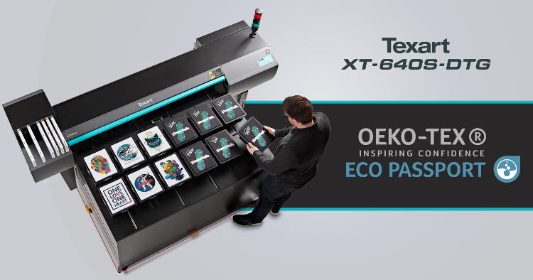 Roland DG demonstrates commitment to sustainability with ECO PASSPORT by OEKO-TEX certified inks and primers for Texart XT-640S-DTG printer.